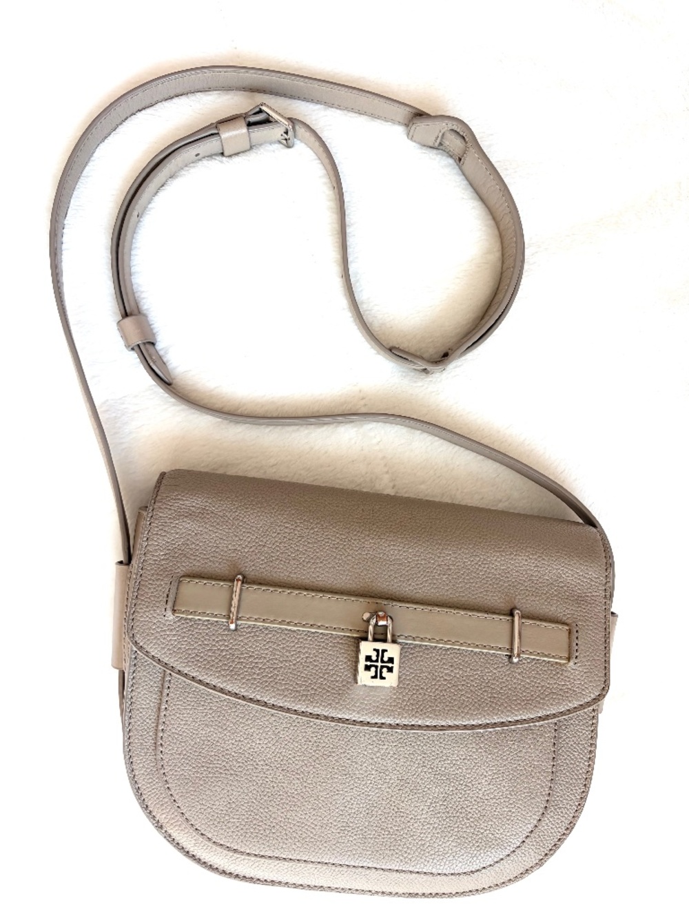 Tory Burch Pebbled Light Gray/taupe Leather Crossbody with magnetic closure